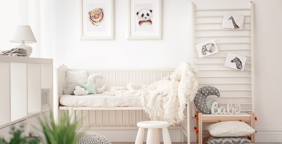 Picture of a baby room in white rustic tones